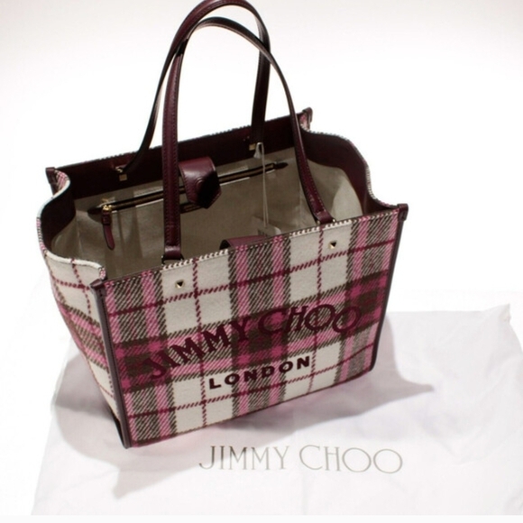 🔥Jimmy Choo Varenne Tote  in Burgundy Check Plaid Wool Logo Embroidery - Picture 4 of 10